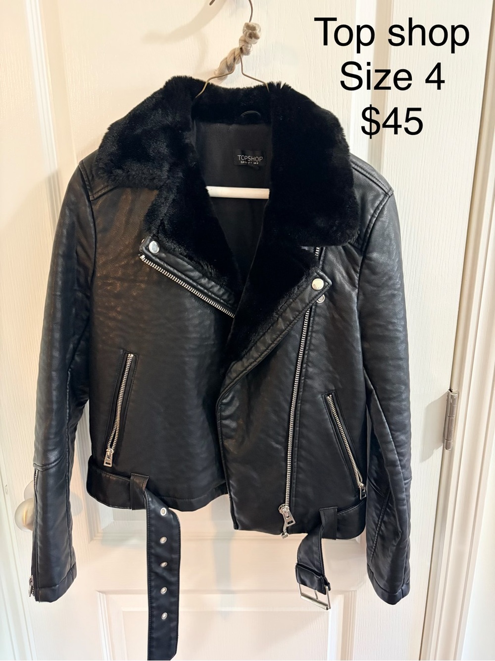 Topshop Black Faux Leather Moto Jacket with Plush Collar